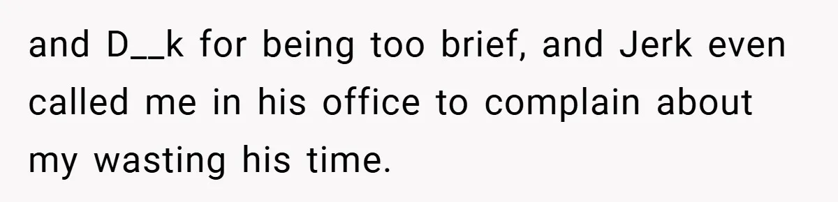 and D__k for being too brief, and Jerk even called me in his office to complain about my wasting his time.