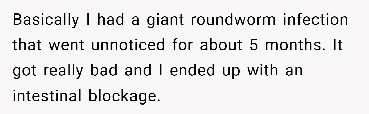 Basically I had a giant roundworm infection that went unnoticed for about 5 months. It got really bad and I ended up with an intestinal blockage.
