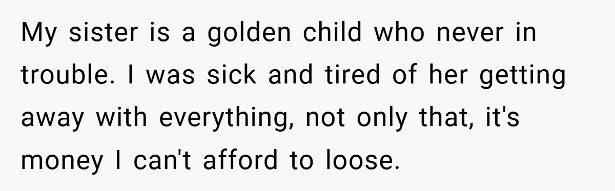 My sister is a golden child who never in trouble. I was sick and tired of her getting away with everything, not only that, it's money I can't afford to...