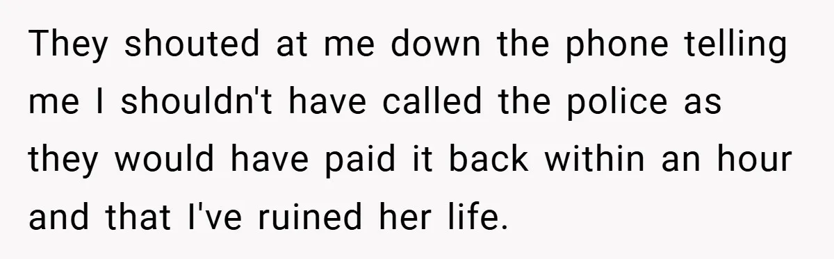 They shouted at me down the phone telling me I shouldn't have called the police as they would have paid it back within an hour and that I've ruined her...
