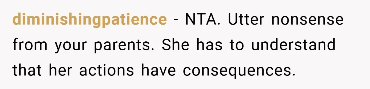 diminishingpatience − NTA. Utter nonsense from your parents. She has to understand that her actions have consequences.