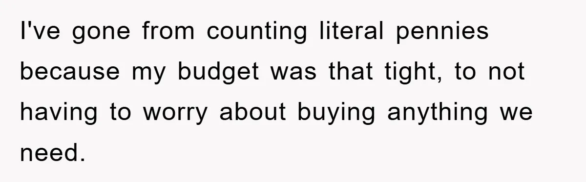 I've gone from counting literal pennies because my budget was that tight, to not having to worry about buying anything we need.