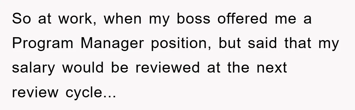 So at work, when my boss offered me a Program Manager position, but said that my salary would be reviewed at the next review cycle...