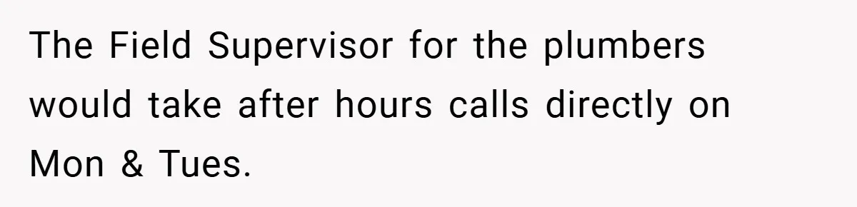 The Field Supervisor for the plumbers would take after hours calls directly on Mon & Tues.