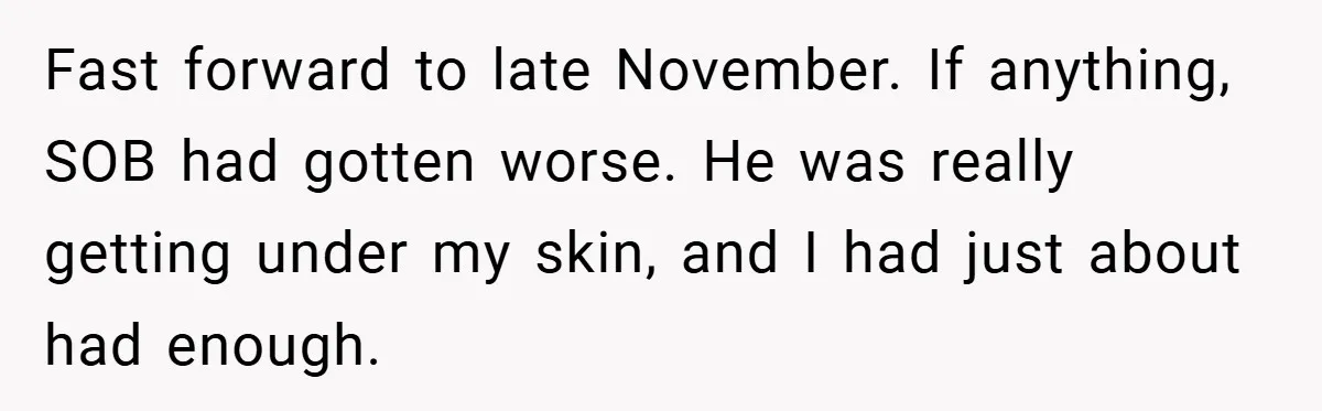 Fast forward to late November. If anything, SOB had gotten worse. He was really getting under my skin, and I had just about had enough.