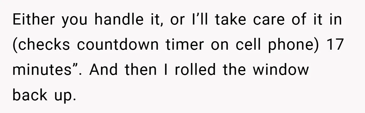 Either you handle it, or I’ll take care of it in (checks countdown timer on cell phone) 17 minutes”. And then I rolled the window back up.