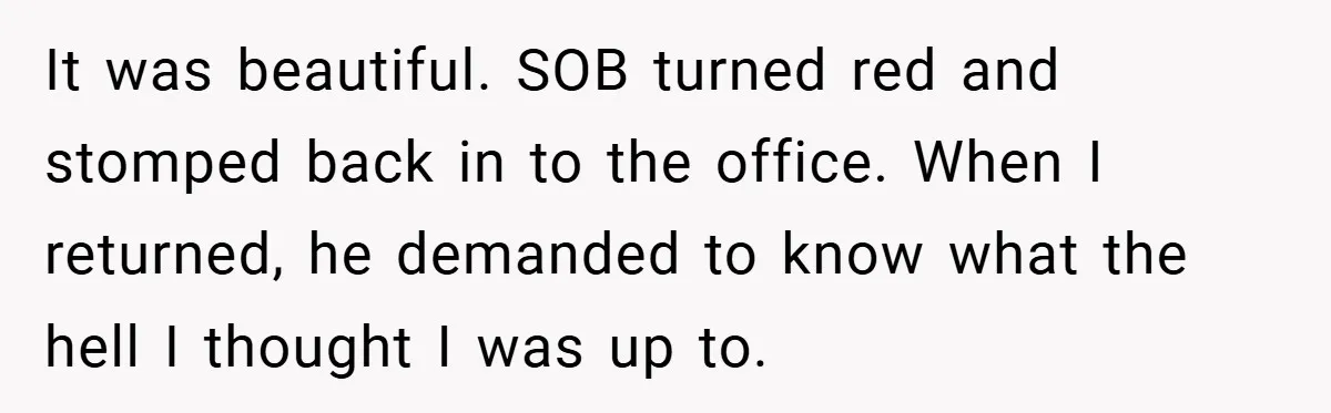 It was beautiful. SOB turned red and stomped back in to the office. When I returned, he demanded to know what the hell I thought I was up to.