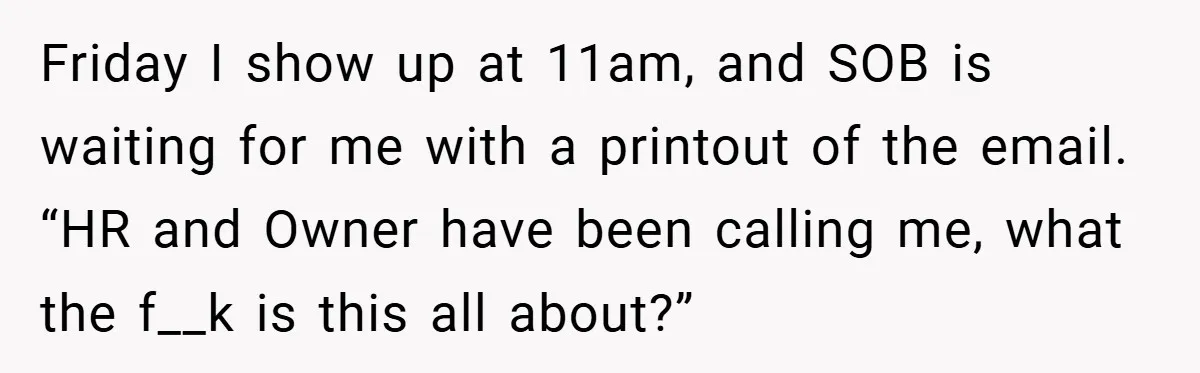 Friday I show up at 11am, and SOB is waiting for me with a printout of the email. “HR and Owner have been calling me, what the f__k is this...