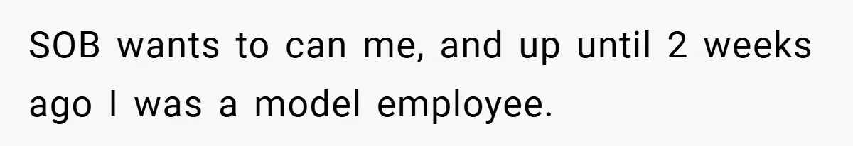SOB wants to can me, and up until 2 weeks ago I was a model employee.