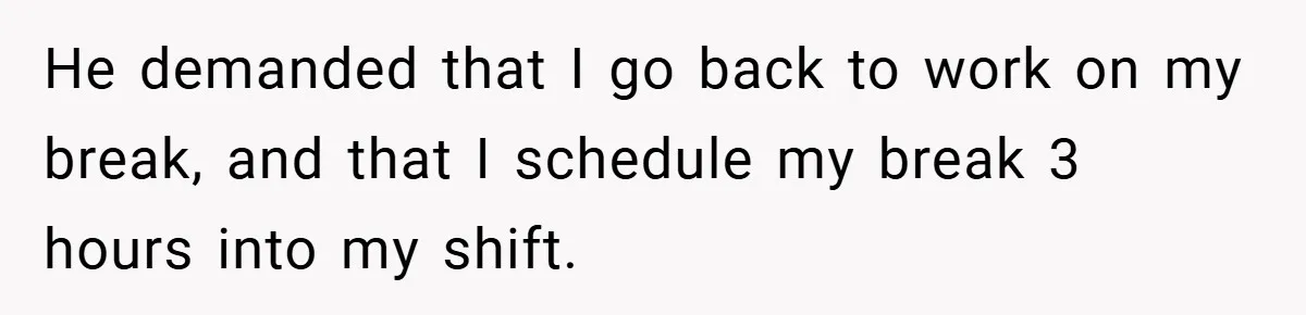 He demanded that I go back to work on my break, and that I schedule my break 3 hours into my shift.