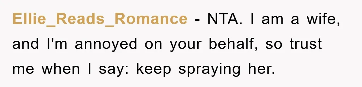 Man Working From Home “Trains” His Wife Like A Cat During Meetings, Internet Divided Ellie_Reads_Romance − NTA. I am a wife, and I'm annoyed on your behalf, so trust me when I say: keep spraying her.