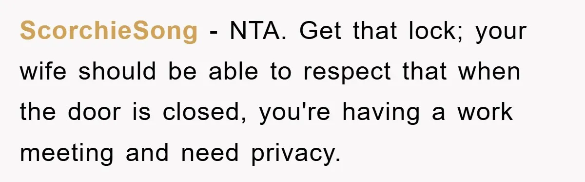 Man Working From Home “Trains” His Wife Like A Cat During Meetings, Internet Divided ScorchieSong − NTA. Get that lock; your wife should be able to respect that when the door is closed, you're having a work meeting and need privacy.