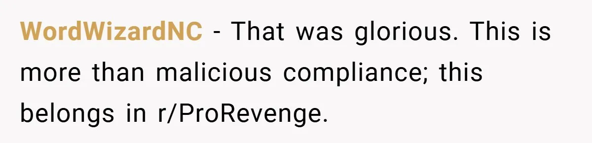WordWizardNC − That was glorious. This is more than malicious compliance; this belongs in r/ProRevenge. ​