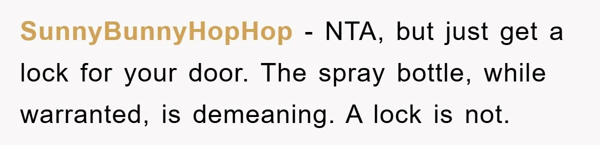 Man Working From Home “Trains” His Wife Like A Cat During Meetings, Internet Divided SunnyBunnyHopHop − NTA, but just get a lock for your door. The spray bottle, while warranted, is demeaning. A lock is not.