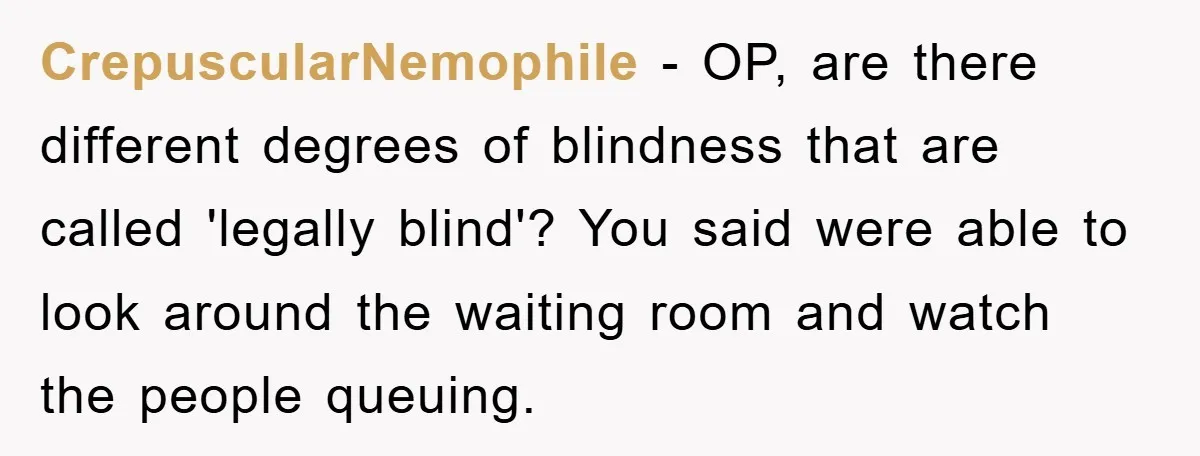CrepuscularNemophile - OP, are there different degrees of blindness that are called 'legally blind'? You said were able to look around the waiting room and watch the people queuing.