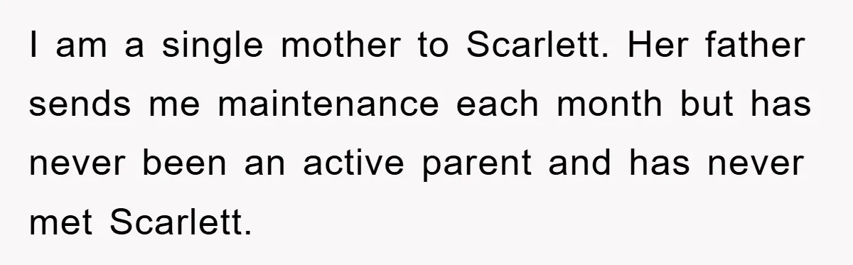 I am a single mother to Scarlett. Her father sends me maintenance each month but has never been an active parent and has never met Scarlett.