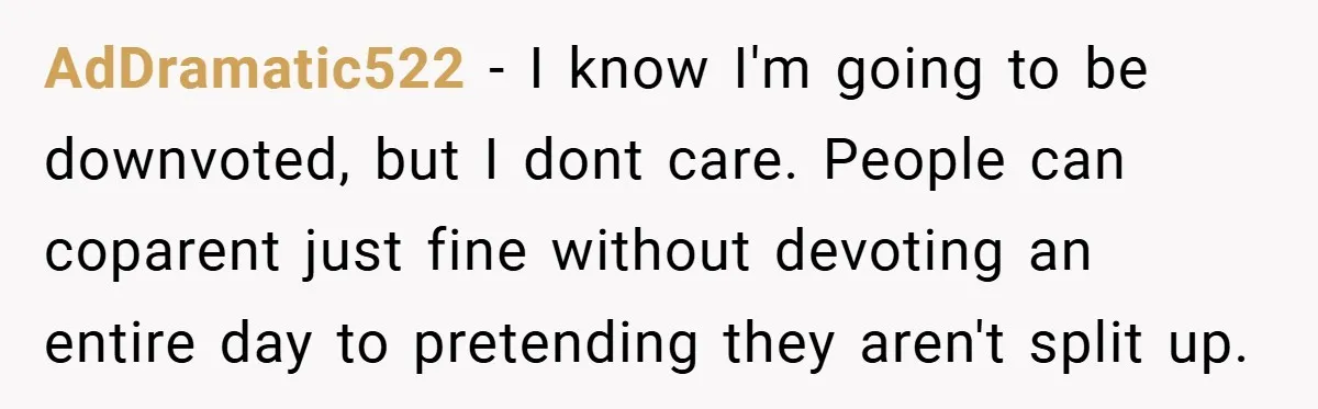 AdDramatic522 − I know I'm going to be downvoted, but I dont care. People can coparent just fine without devoting an entire day to pretending they aren't split up.