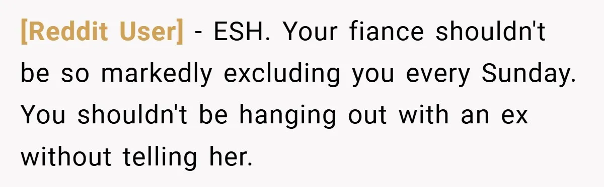 [Reddit User] − ESH. Your fiance shouldn't be so markedly excluding you every Sunday. You shouldn't be hanging out with an ex without telling her.