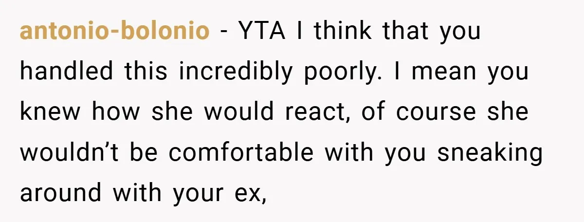 antonio-bolonio − YTA I think that you handled this incredibly poorly. I mean you knew how she would react, of course she wouldn’t be comfortable with you sneaking around with...