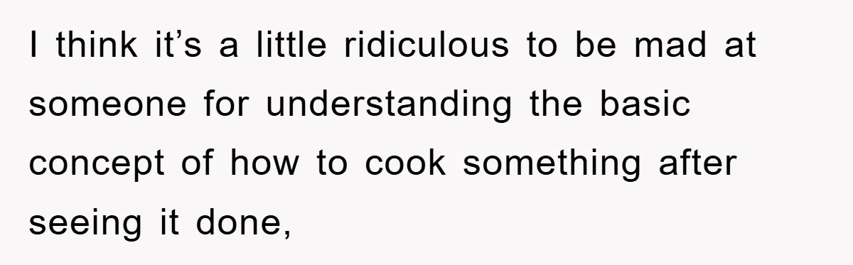 I think it’s a little ridiculous to be mad at someone for understanding the basic concept of how to cook something after seeing it done,