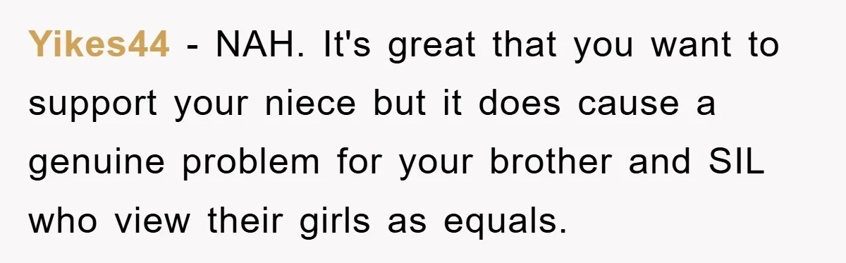 Yikes44 - NAH. It's great that you want to support your niece but it does cause a genuine problem for your brother and SIL who view their girls as equals.