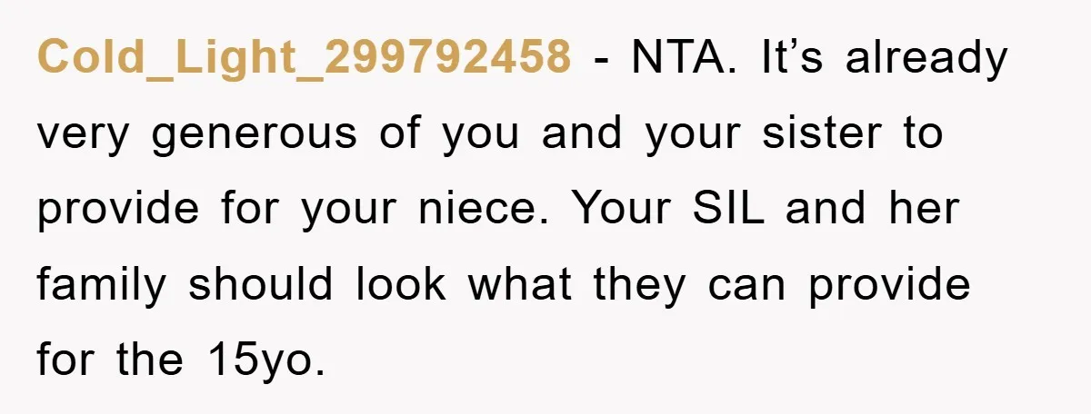 Cold_Light_299792458 - NTA. It’s already very generous of you and your sister to provide for your niece. Your SIL and her family should look what they can provide for the...