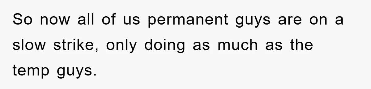 So now all of us permanent guys are on a slow strike, only doing as much as the temp guys.