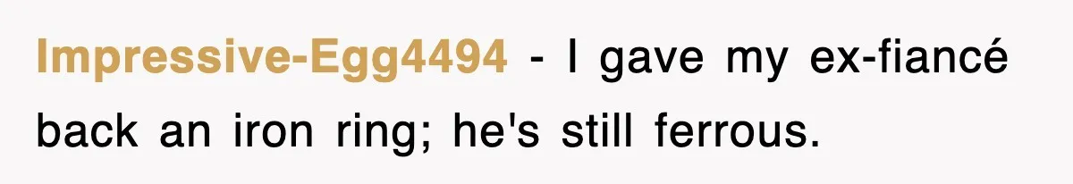Impressive-Egg4494 − I gave my ex-fiancé back an iron ring; he's still ferrous.