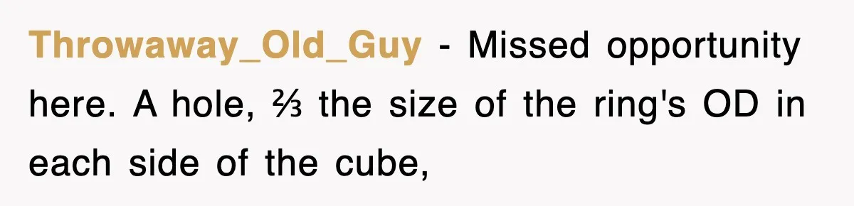 Throwaway_Old_Guy - Missed opportunity here. A hole, ⅔ the size of the ring's OD in each side of the cube,