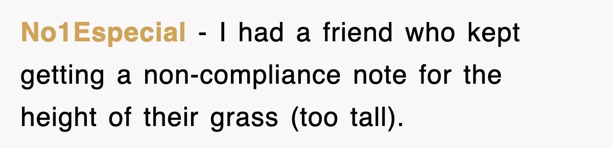 No1Especial − I had a friend who kept getting a non-compliance note for the height of their grass (too tall).