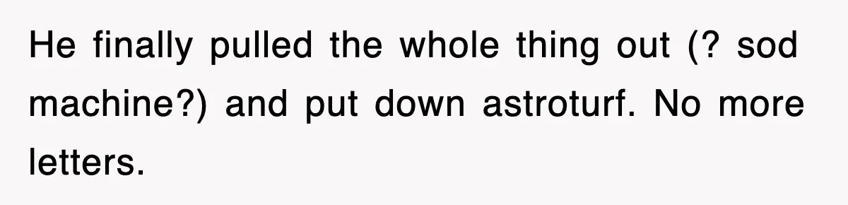 He finally pulled the whole thing out (? sod machine?) and put down astroturf. No more letters.
