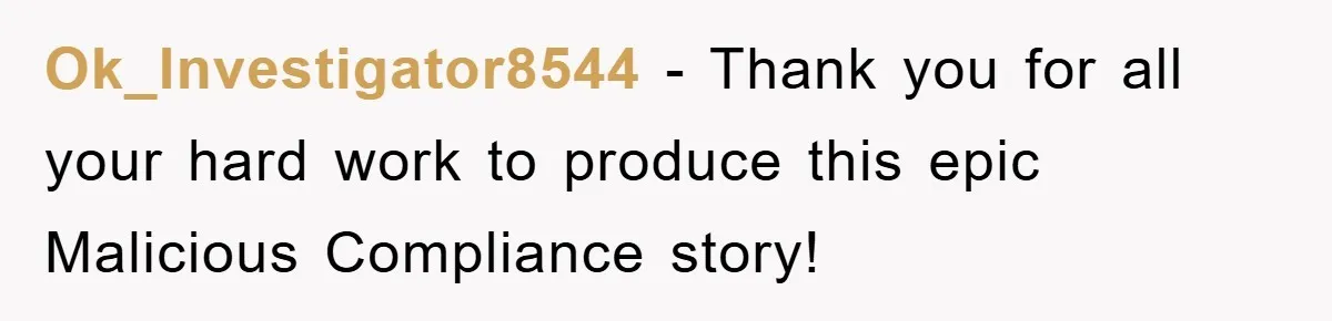 Ok_Investigator8544 − Thank you for all your hard work to produce this epic Malicious Compliance story!