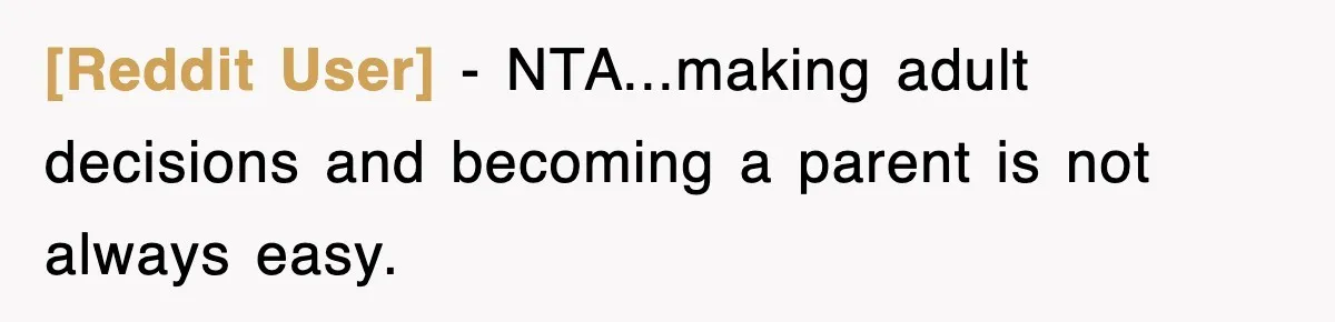 [Reddit User] − NTA...making adult decisions and becoming a parent is not always easy.