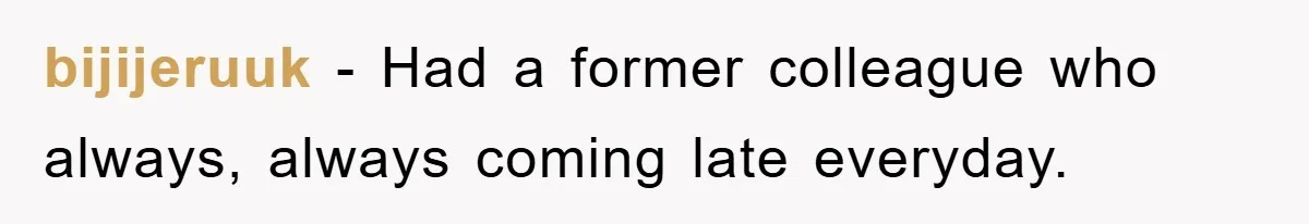 bijijeruuk − Had a former colleague who always, always coming late everyday.