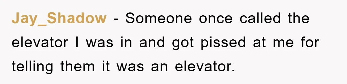 Jay_Shadow − Someone once called the elevator I was in and got pissed at me for telling them it was an elevator.