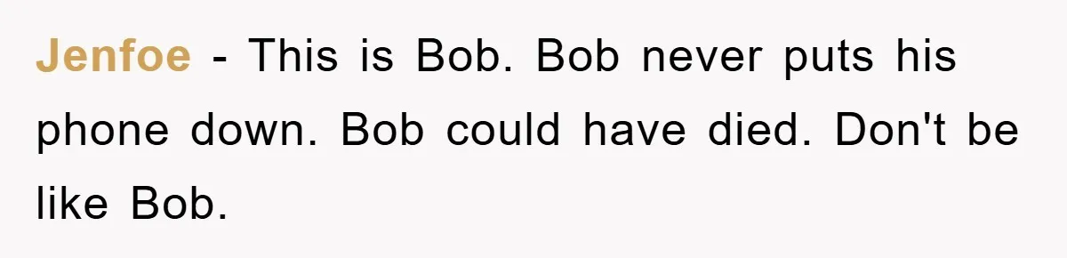 Jenfoe − This is Bob. Bob never puts his phone down. Bob could have died. Don't be like Bob.