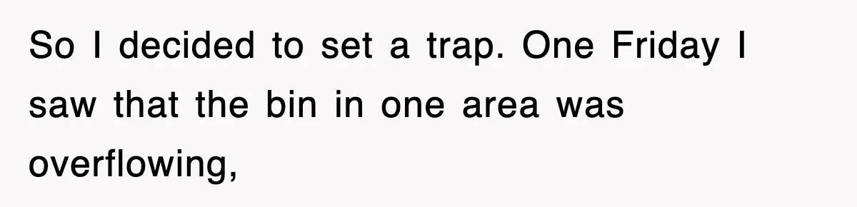 So I decided to set a trap. One Friday I saw that the bin in one area was overflowing,