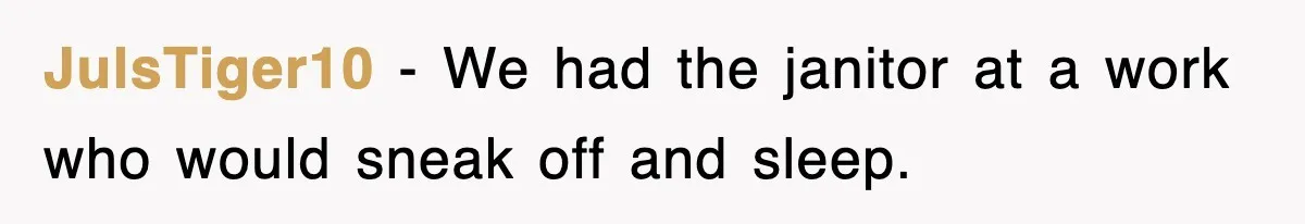 JulsTiger10 − We had the janitor at a work who would sneak off and sleep.