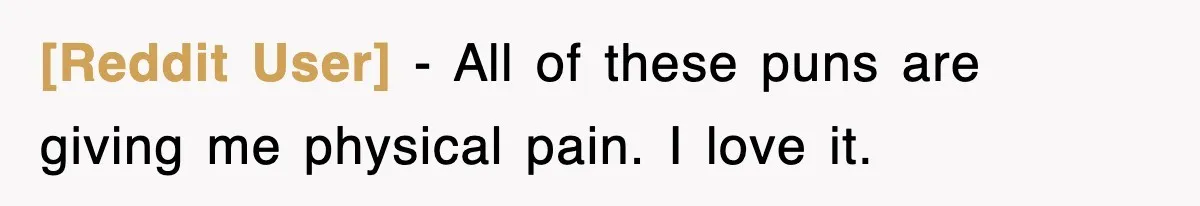 [Reddit User] − All of these puns are giving me physical pain. I love it.