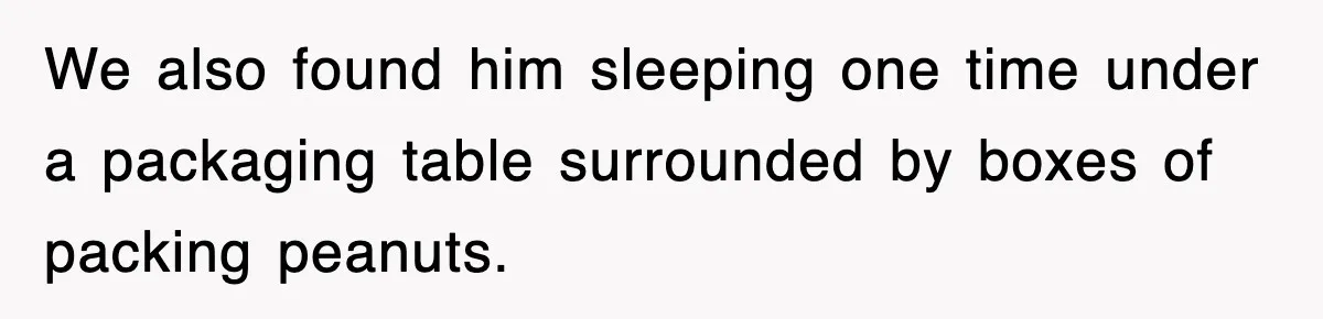 We also found him sleeping one time under a packaging table surrounded by boxes of packing peanuts.