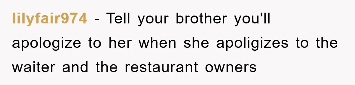 lilyfair974 − Tell your brother you'll apologize to her when she apoligizes to the waiter and the restaurant owners