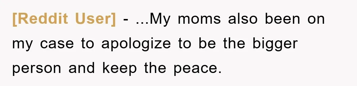 [Reddit User] − ...My moms also been on my case to apologize to be the bigger person and keep the peace.