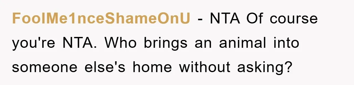 FoolMe1nceShameOnU − NTA Of course you're NTA. Who brings an animal into someone else's home without asking?