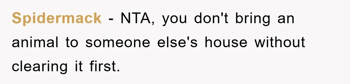Spidermack − NTA, you don't bring an animal to someone else's house without clearing it first.