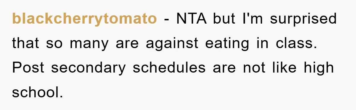 blackcherrytomato − NTA but I'm surprised that so many are against eating in class. Post secondary schedules are not like high school.