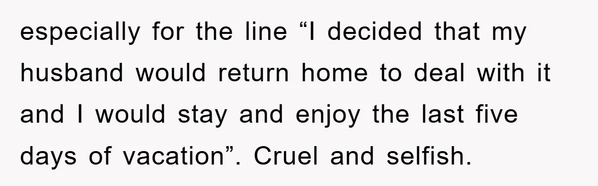 especially for the line “I decided that my husband would return home to deal with it and I would stay and enjoy the last five days of vacation”. Cruel and...