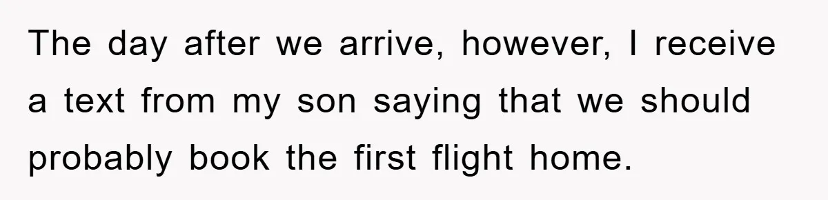 The day after we arrive, however, I receive a text from my son saying that we should probably book the first flight home.