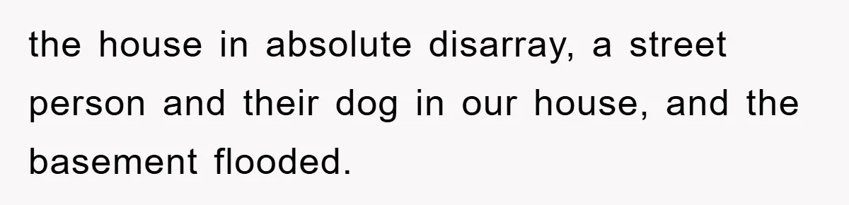 the house in absolute disarray, a street person and their dog in our house, and the basement flooded.