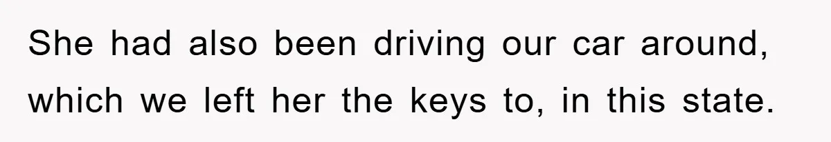 She had also been driving our car around, which we left her the keys to, in this state.