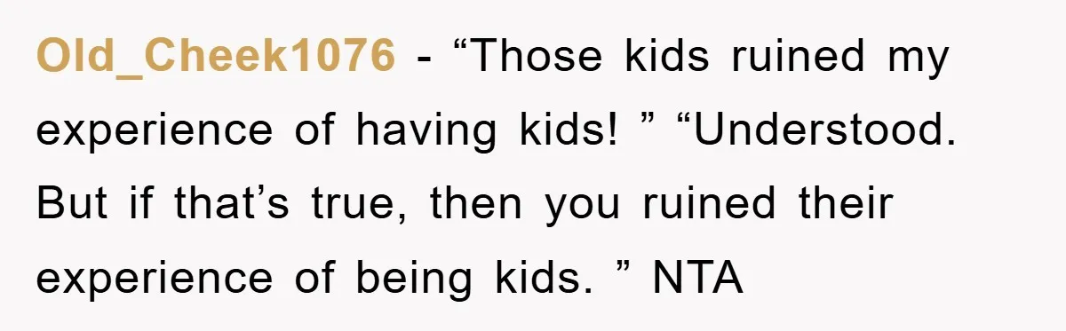 Old_Cheek1076 − “Those kids ruined my experience of having kids! ” “Understood. But if that’s true, then you ruined their experience of being kids. ” NTA